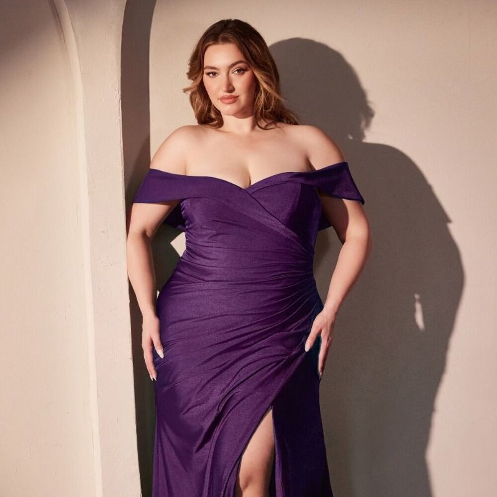 Ladivine Eggplant Off Shoulder Plus Size Sweetheart Neck Gown Prom Evening
